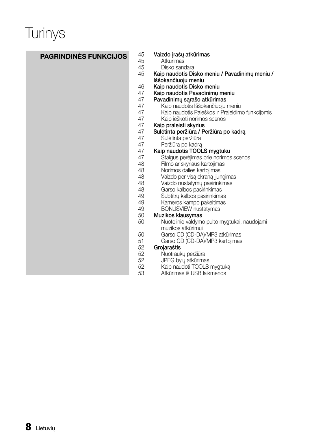 Samsung BD-D7000/EN manual Pagrindinės Funkcijos, Vaizdo įrašų atkūrimas Atkūrimas 