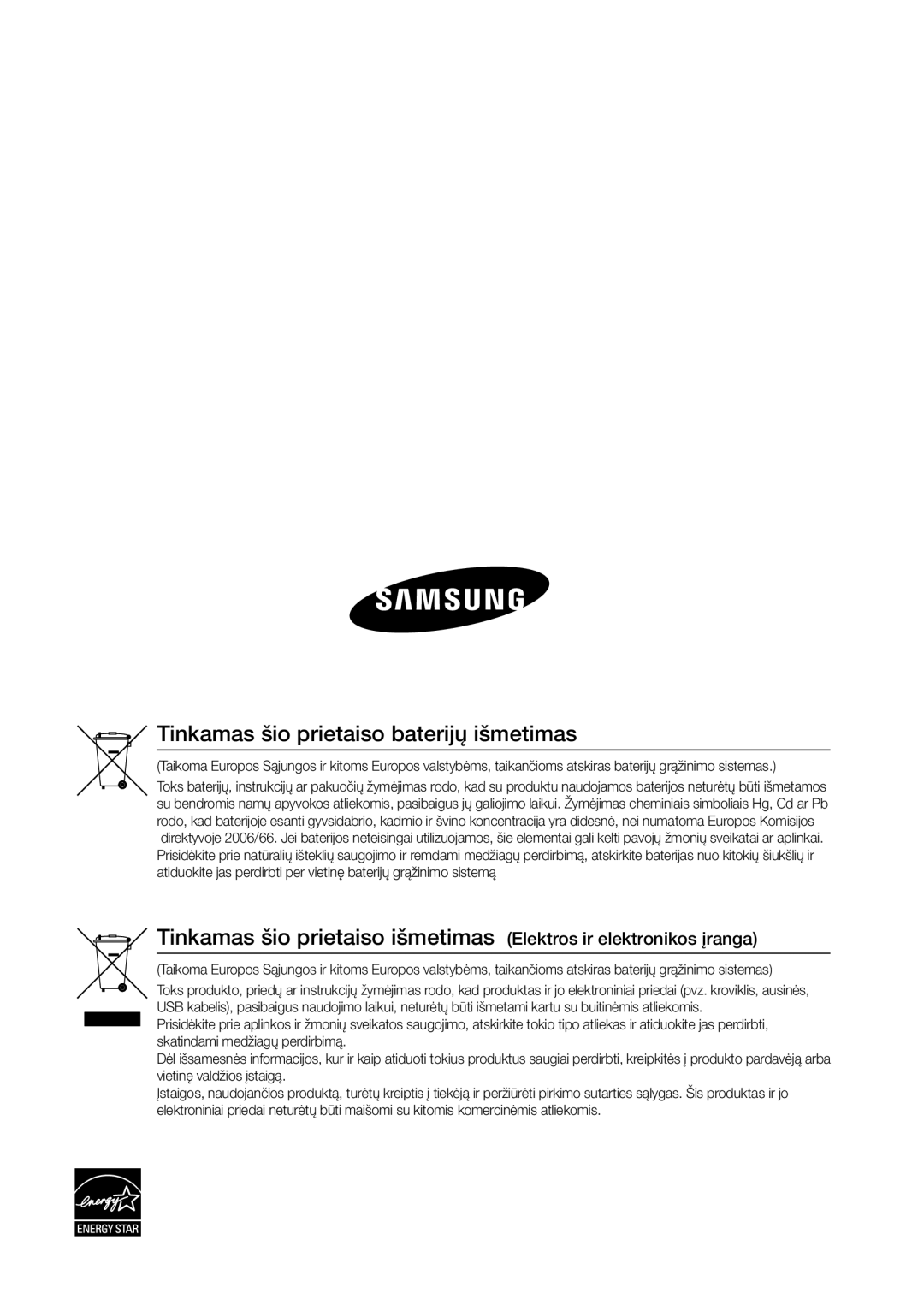 Samsung BD-D7000/EN manual Tinkamas šio prietaiso baterijų išmetimas 