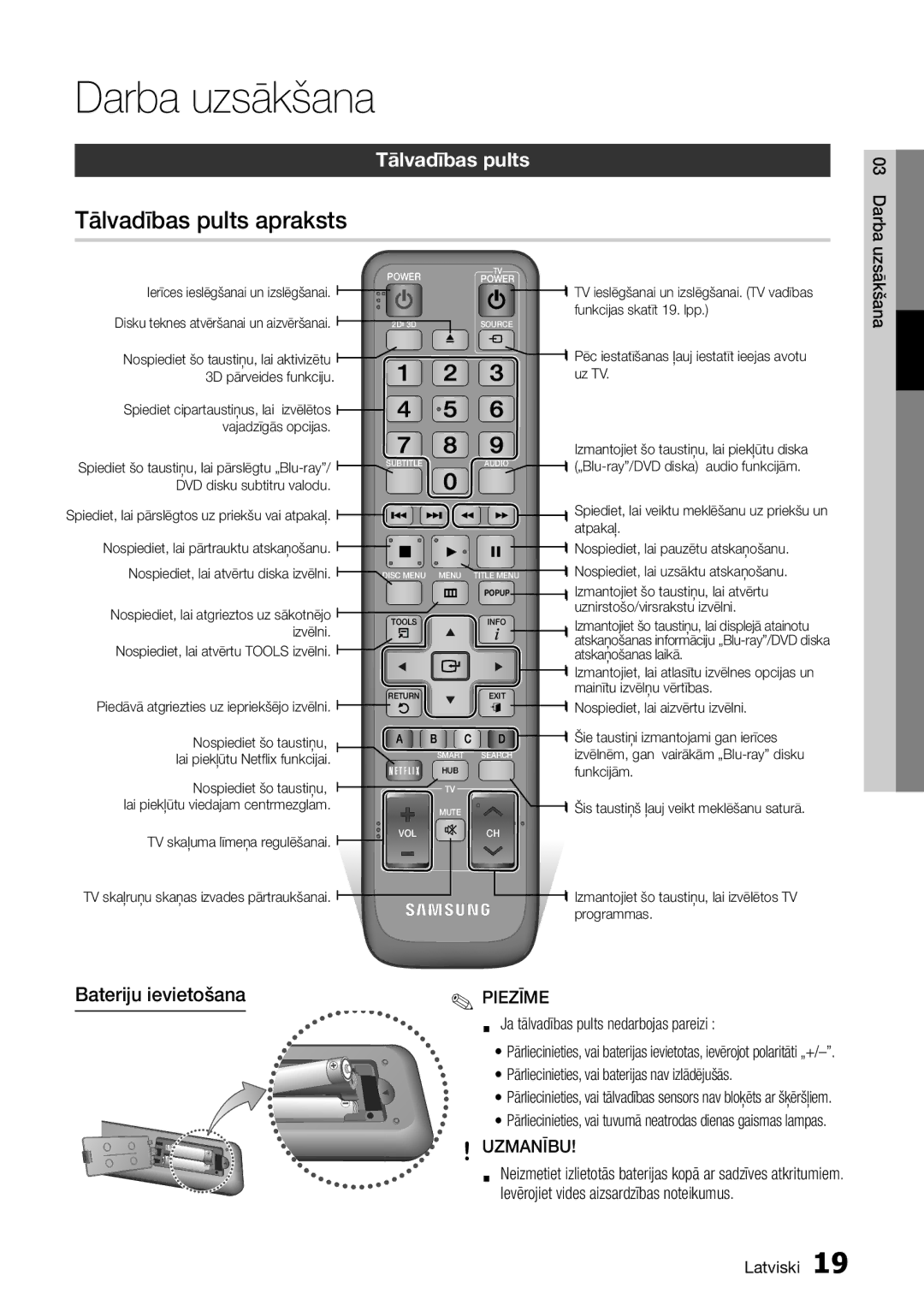 Samsung BD-D7000/EN manual Tālvadības pults apraksts, Bateriju ievietošana 