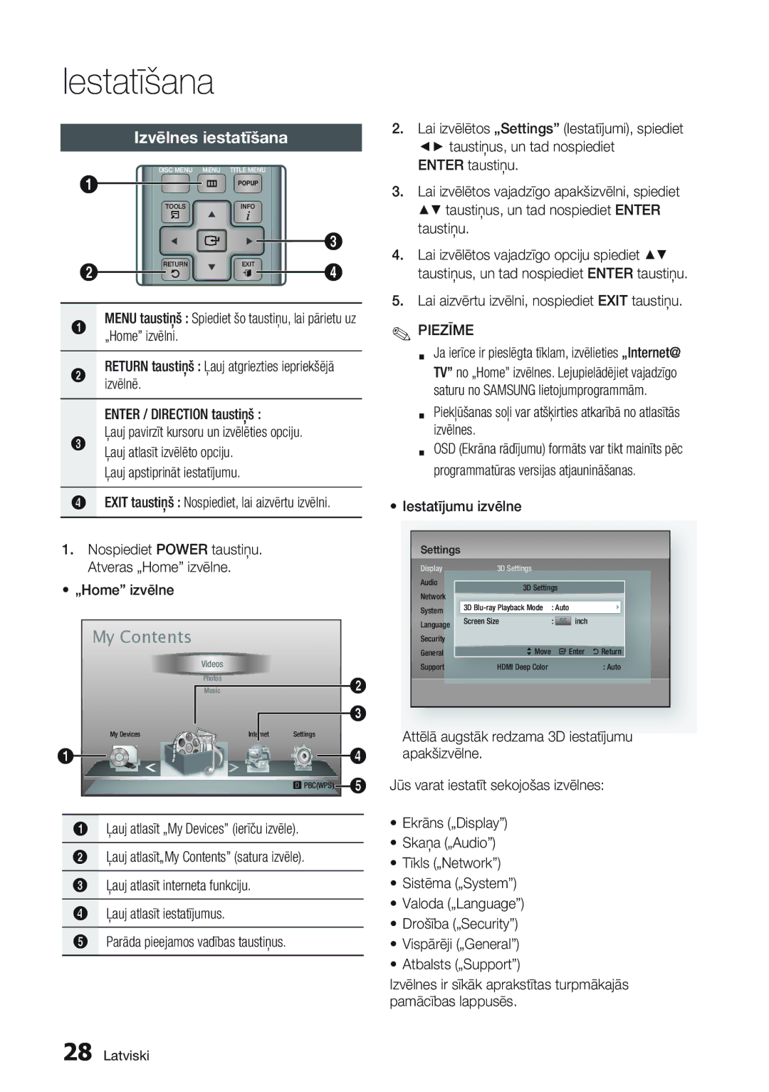 Samsung BD-D7000/EN manual Izvēlnes iestatīšana 