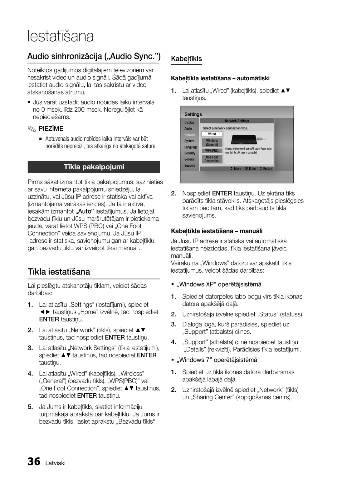 Samsung BD-D7000/EN manual Audio sinhronizācija „Audio Sync, Tīkla iestatīšana, Tīkla pakalpojumi, Kabeļtīkls 