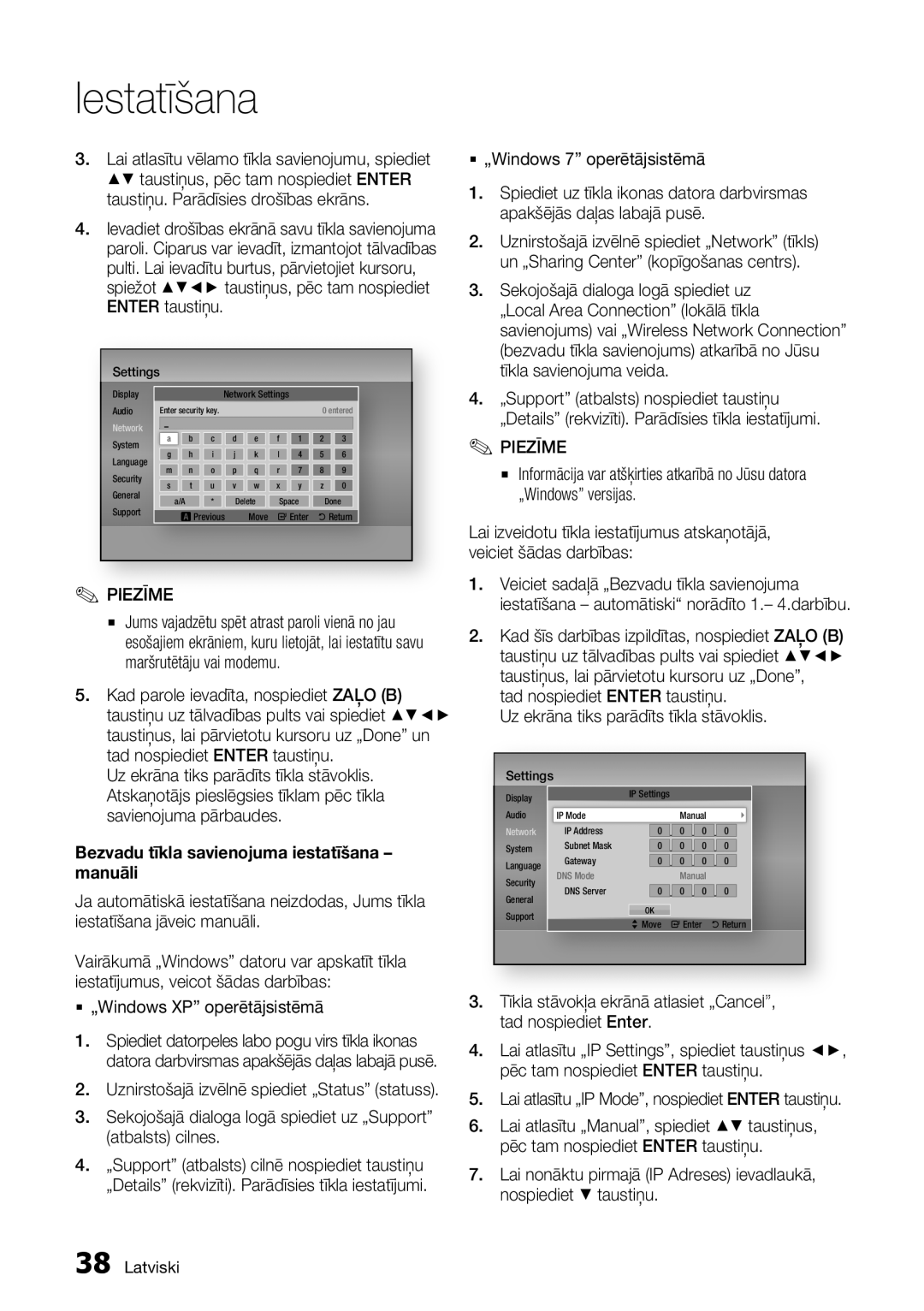 Samsung BD-D7000/EN manual Bezvadu tīkla savienojuma iestatīšana manuāli, ƒ „Windows 7 operētājsistēmā 