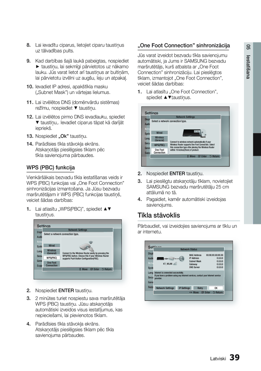 Samsung BD-D7000/EN Tīkla stāvoklis, WPS PBC funkcija, „One Foot Connection sinhronizācija, Nospiediett Enter taustiņu 