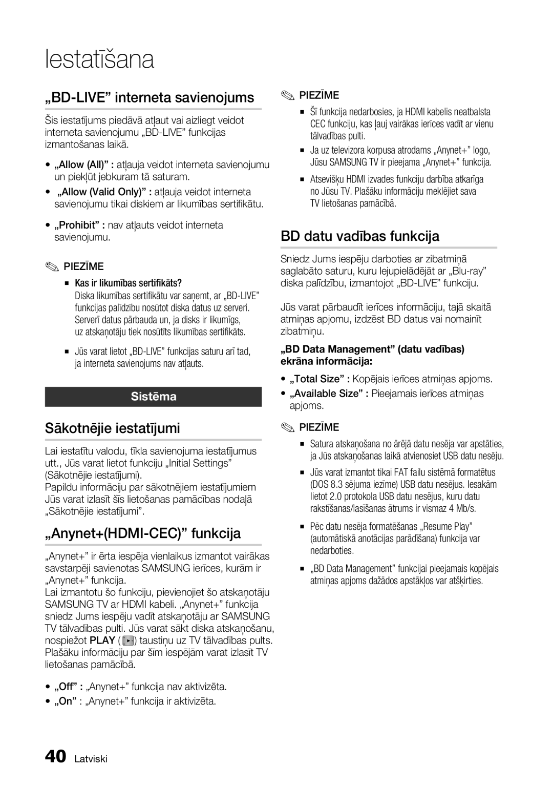 Samsung BD-D7000/EN manual „BD-LIVE interneta savienojums, BD datu vadības funkcija, Sākotnējie iestatījumi, Sistēma 