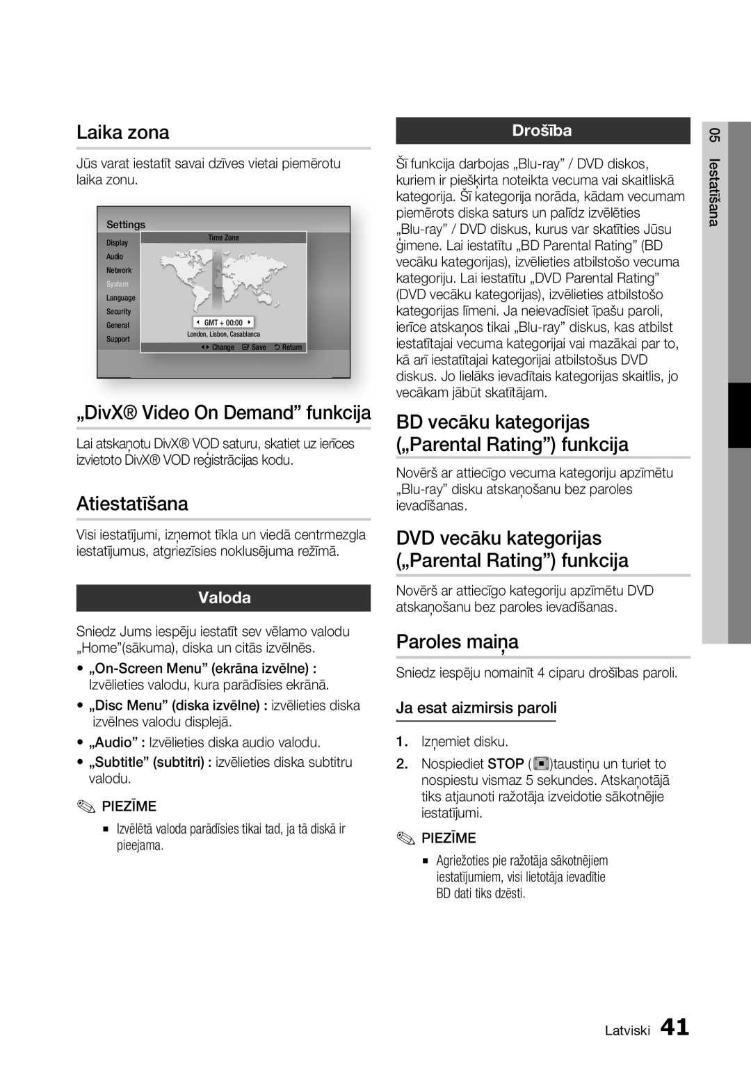 Samsung BD-D7000/EN manual Laika zona, „DivX Video On Demand funkcija, Atiestatīšana, Paroles maiņa 