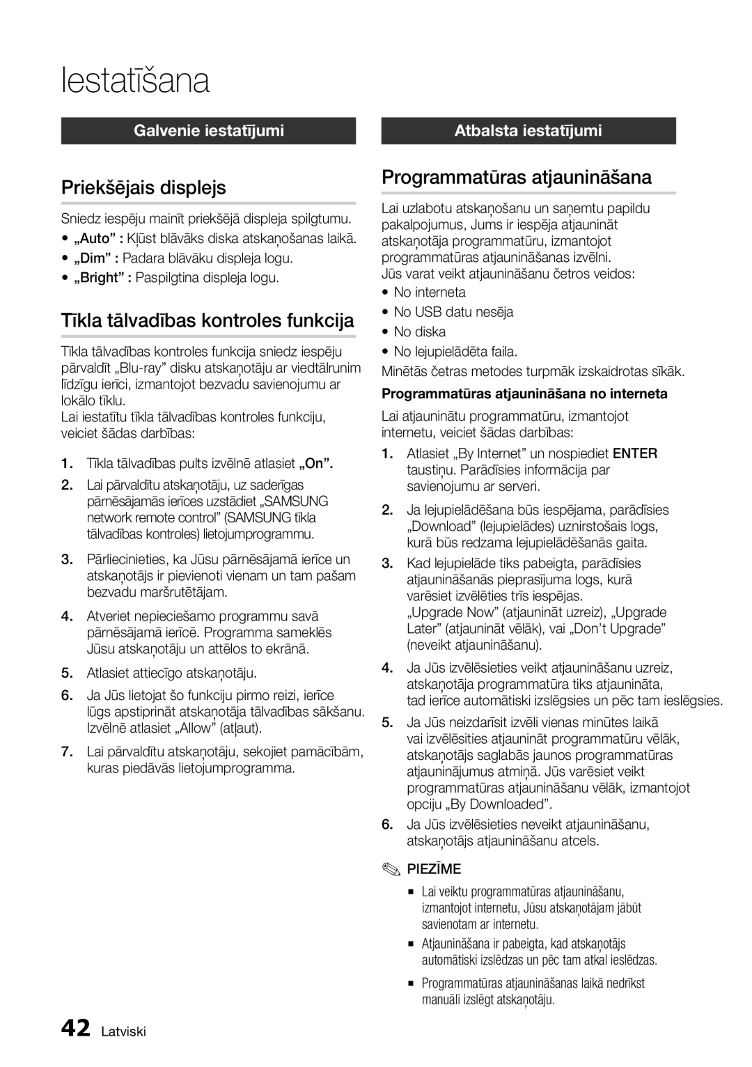 Samsung BD-D7000/EN manual Priekšējais displejs, Tīkla tālvadības kontroles funkcija, Programmatūras atjaunināšana 