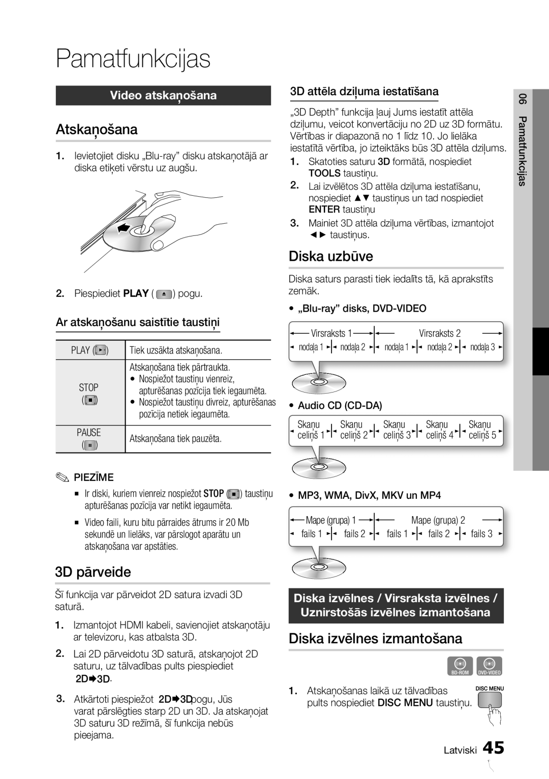 Samsung BD-D7000/EN manual Pamatfunkcijas, Atskaņošana, 3D pārveide, Diska uzbūve, Diska izvēlnes izmantošana 