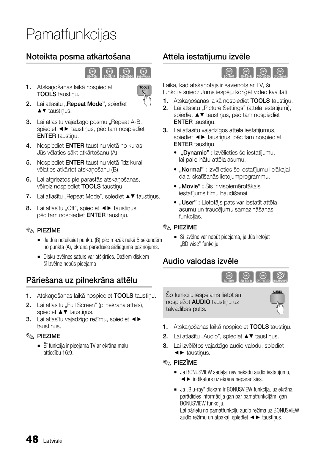 Samsung BD-D7000/EN manual Attēla iestatījumu izvēle, Audio valodas izvēle, Pāriešana uz pilnekrāna attēlu 