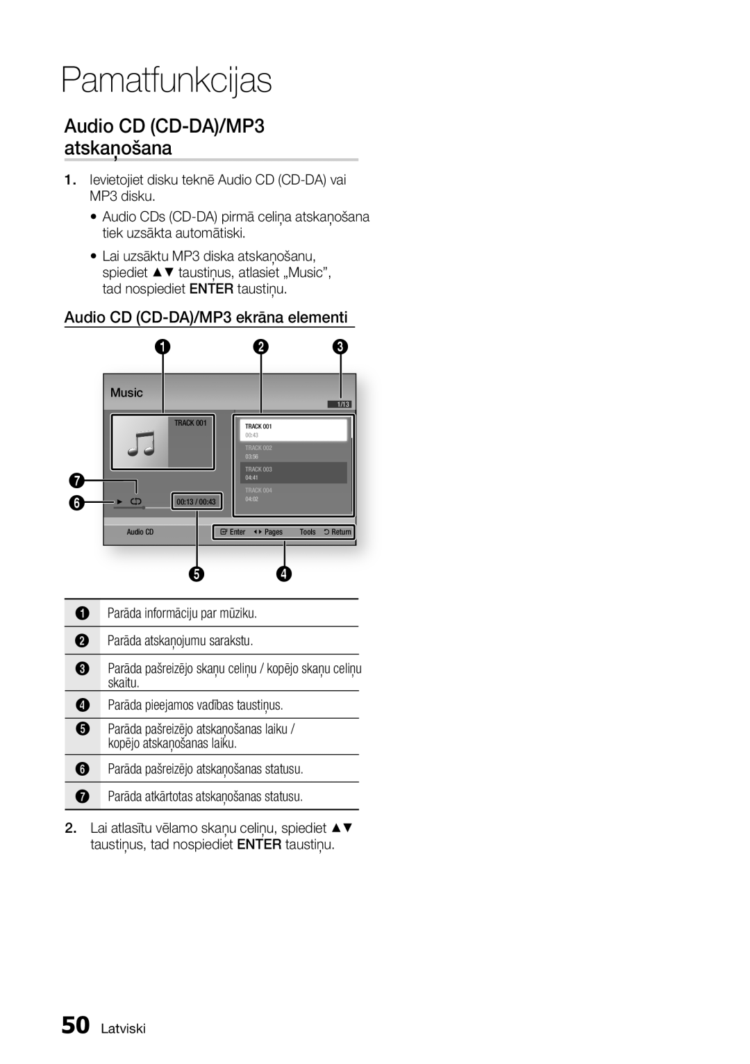 Samsung BD-D7000/EN manual Audio CD CD-DA/MP3 atskaņošana, Audio CD CD-DA/MP3 ekrāna elementi 