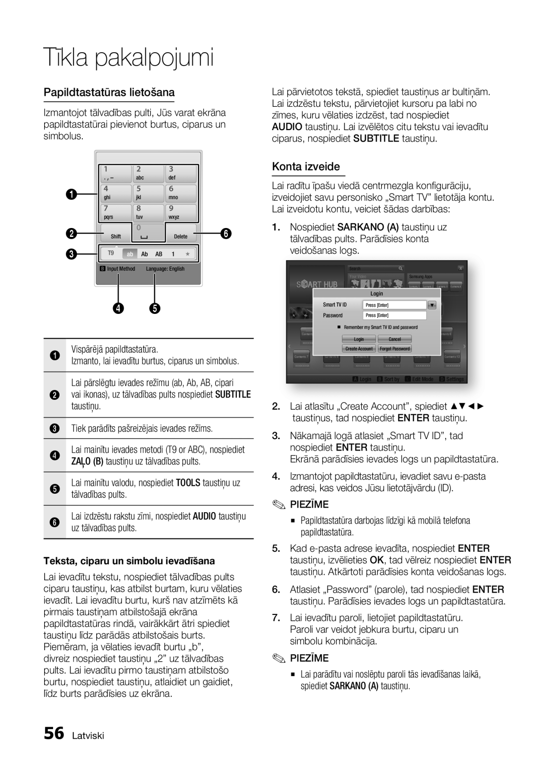 Samsung BD-D7000/EN manual Papildtastatūras lietošana, Konta izveide, Vispārējā papildtastatūra 