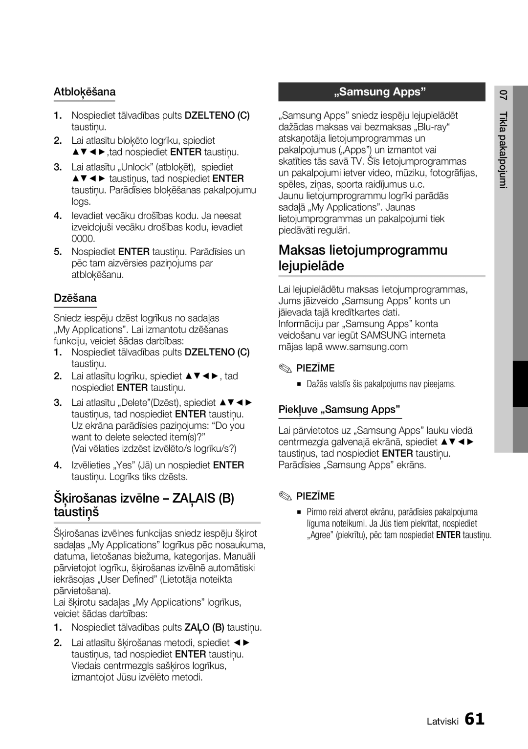 Samsung BD-D7000/EN manual Maksas lietojumprogrammu lejupielāde, Atbloķēšana, Dzēšana, „Samsung Apps 