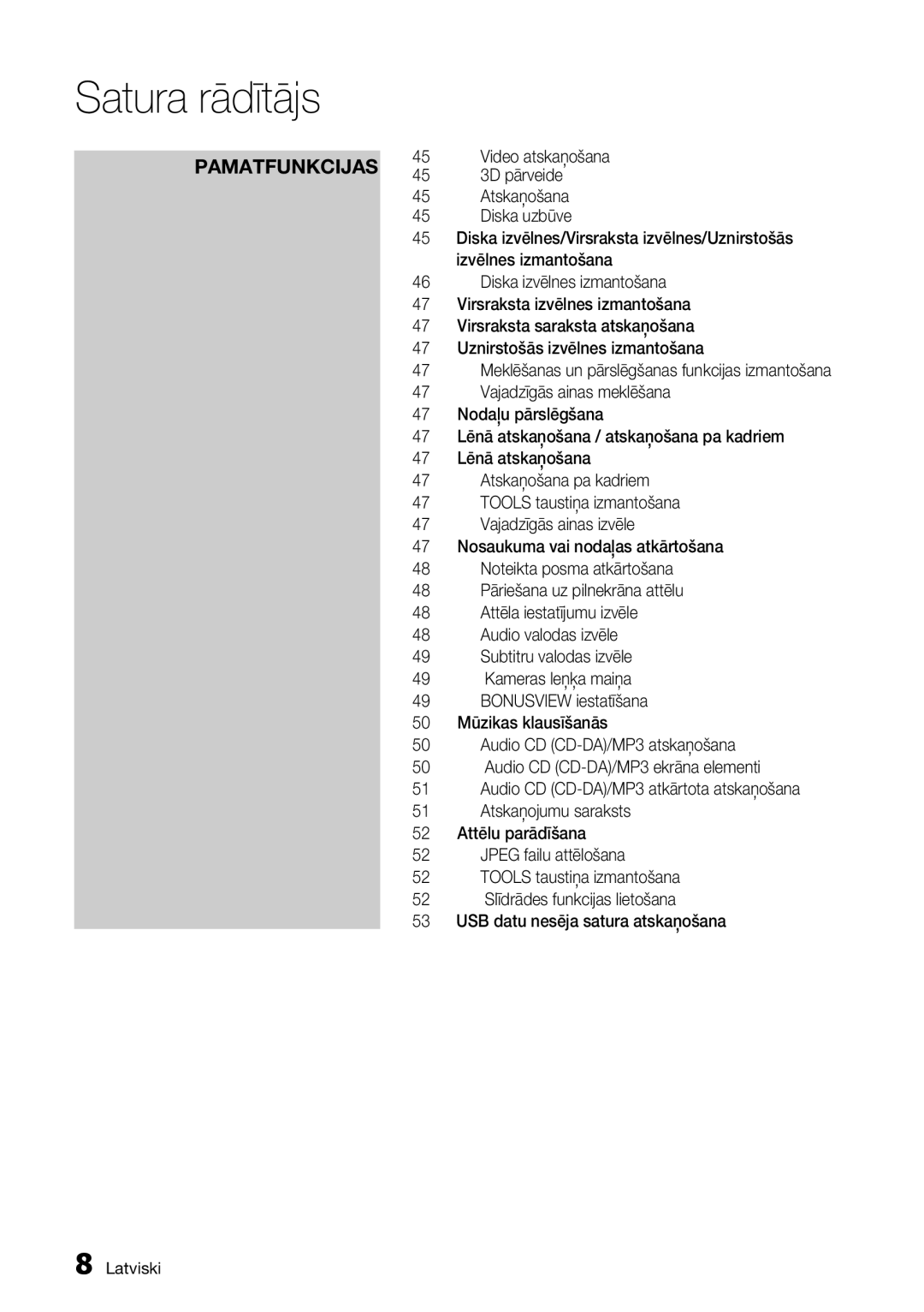 Samsung BD-D7000/EN manual Pamatfunkcijas 