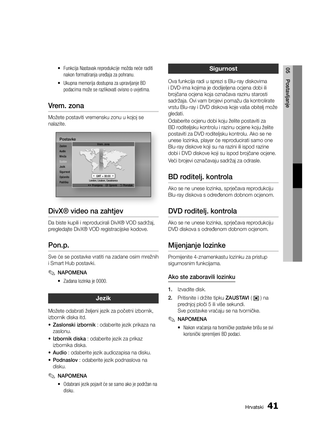 Samsung BD-D7000/EN manual Vrem. zona, DivX video na zahtjev, Pon.p, BD roditelj. kontrola, DVD roditelj. kontrola 