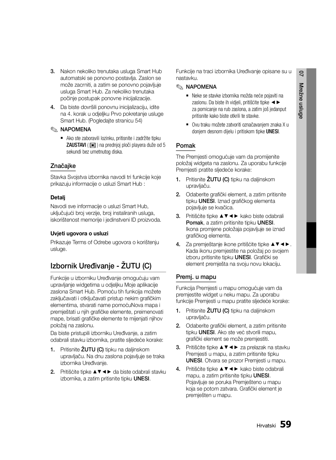 Samsung BD-D7000/EN manual Izbornik Uređivanje Žutu C, Značajke, Pomak, Premj. u mapu, Uvjeti ugovora o usluzi 