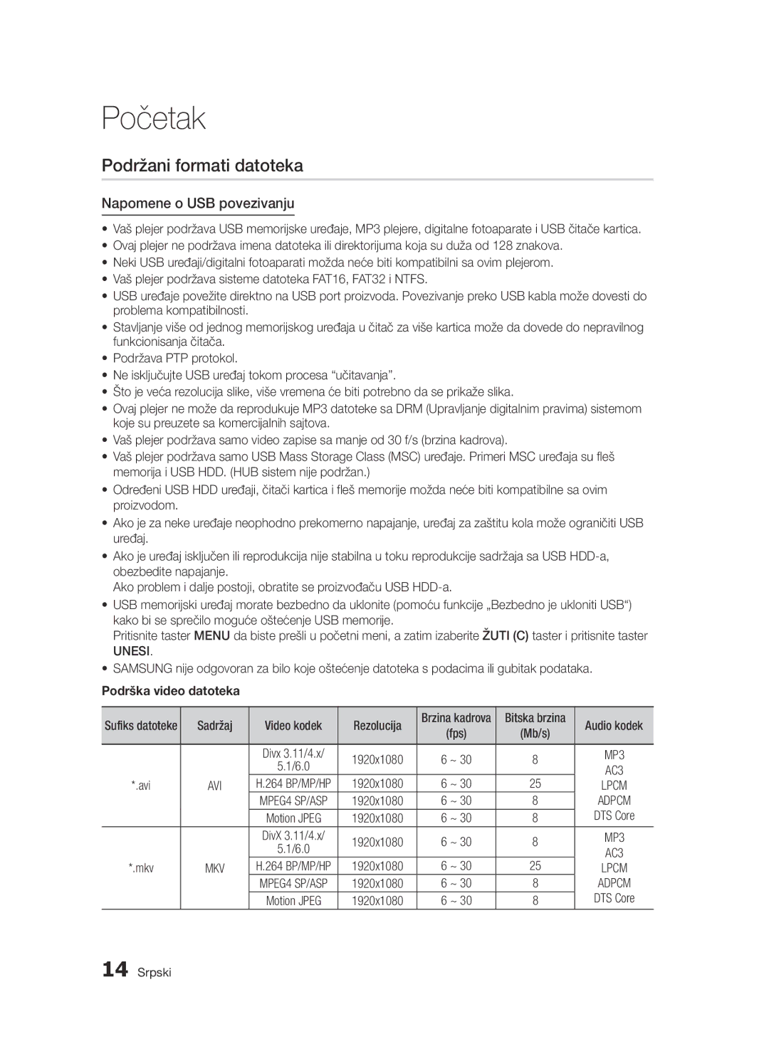 Samsung BD-D7000/EN manual Podržani formati datoteka, Napomene o USB povezivanju, Podrška video datoteka 