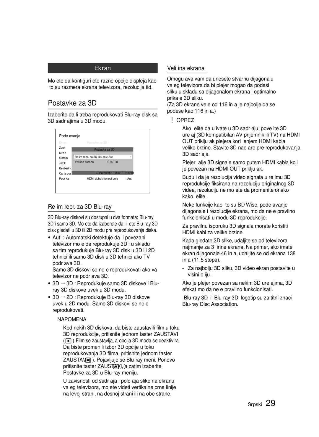 Samsung BD-D7000/EN manual Ekran, Režim repr. za 3D Blu-ray, Veličina ekrana, Postavke za 3D u Blu-ray meniju 