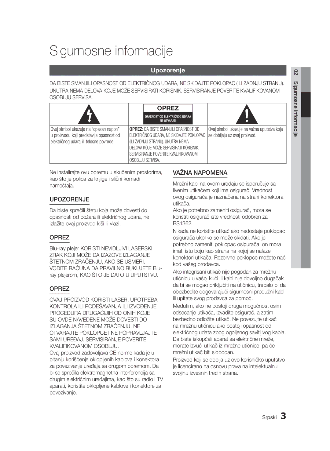 Samsung BD-D7000/EN manual Sigurnosne informacije, Upozorenje 