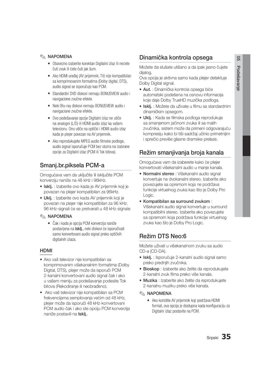 Samsung BD-D7000/EN Smanj.br.piksela PCM-a, Dinamička kontrola opsega, Režim smanjivanja broja kanala, Režim DTS Neo6 