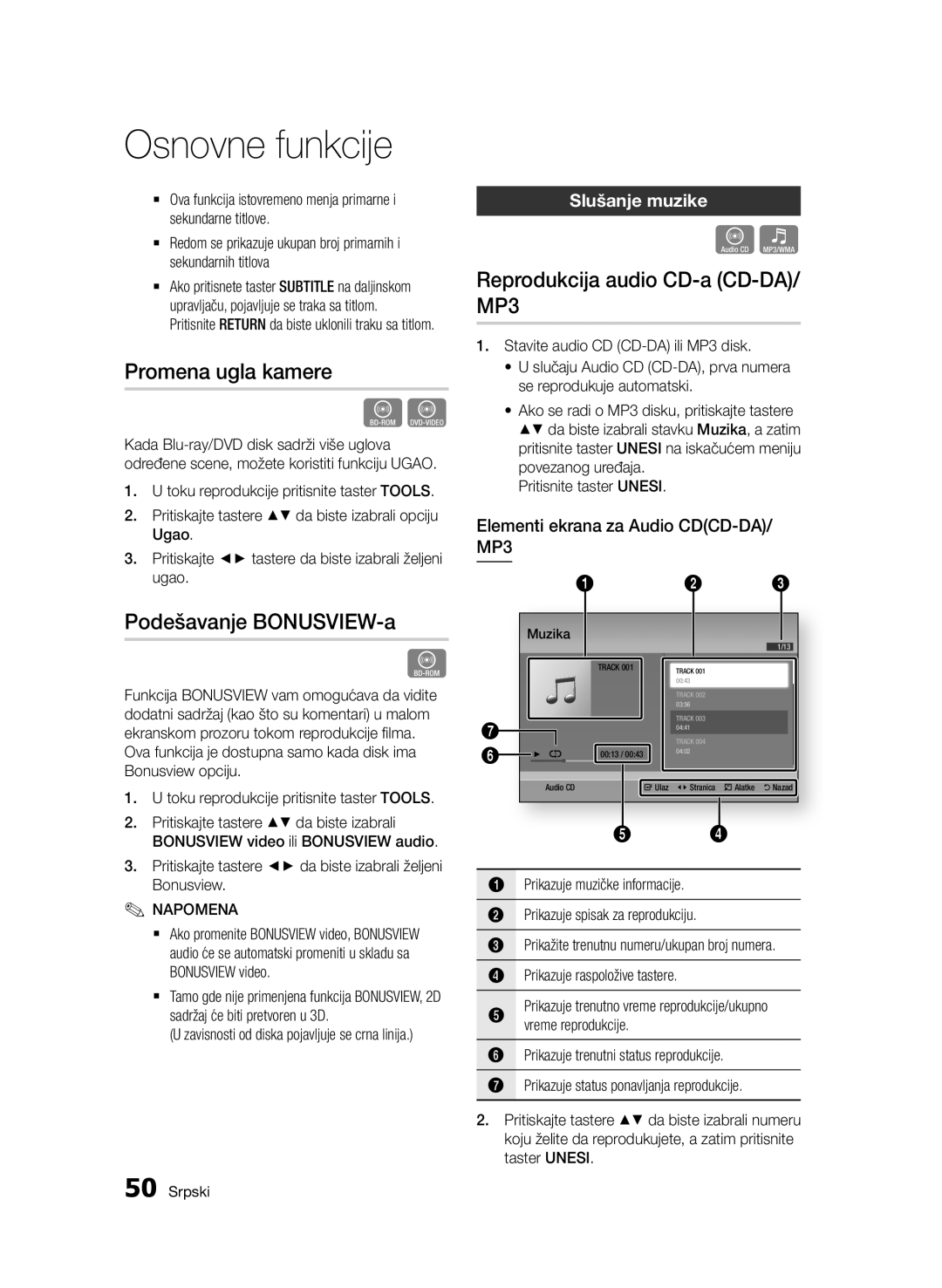 Samsung BD-D7000/EN Promena ugla kamere, Podešavanje BONUSVIEW-a, Reprodukcija audio CD-a CD-DA/ MP3, Slušanje muzike 