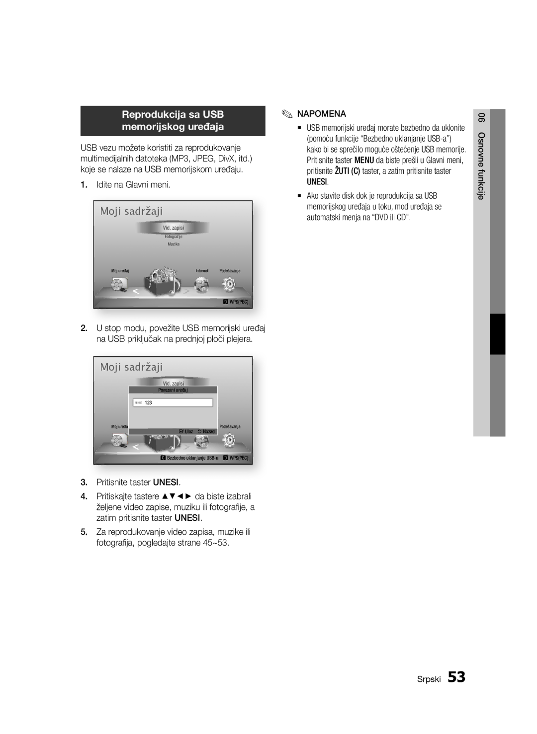 Samsung BD-D7000/EN manual Reprodukcija sa USB memorijskog uređaja, Idite na Glavni meni 