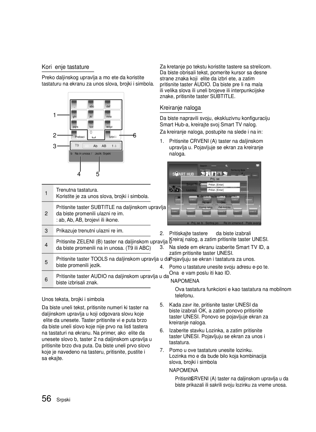 Samsung BD-D7000/EN manual Korišćenje tastature, Kreiranje naloga, Unos teksta, brojki i simbola 