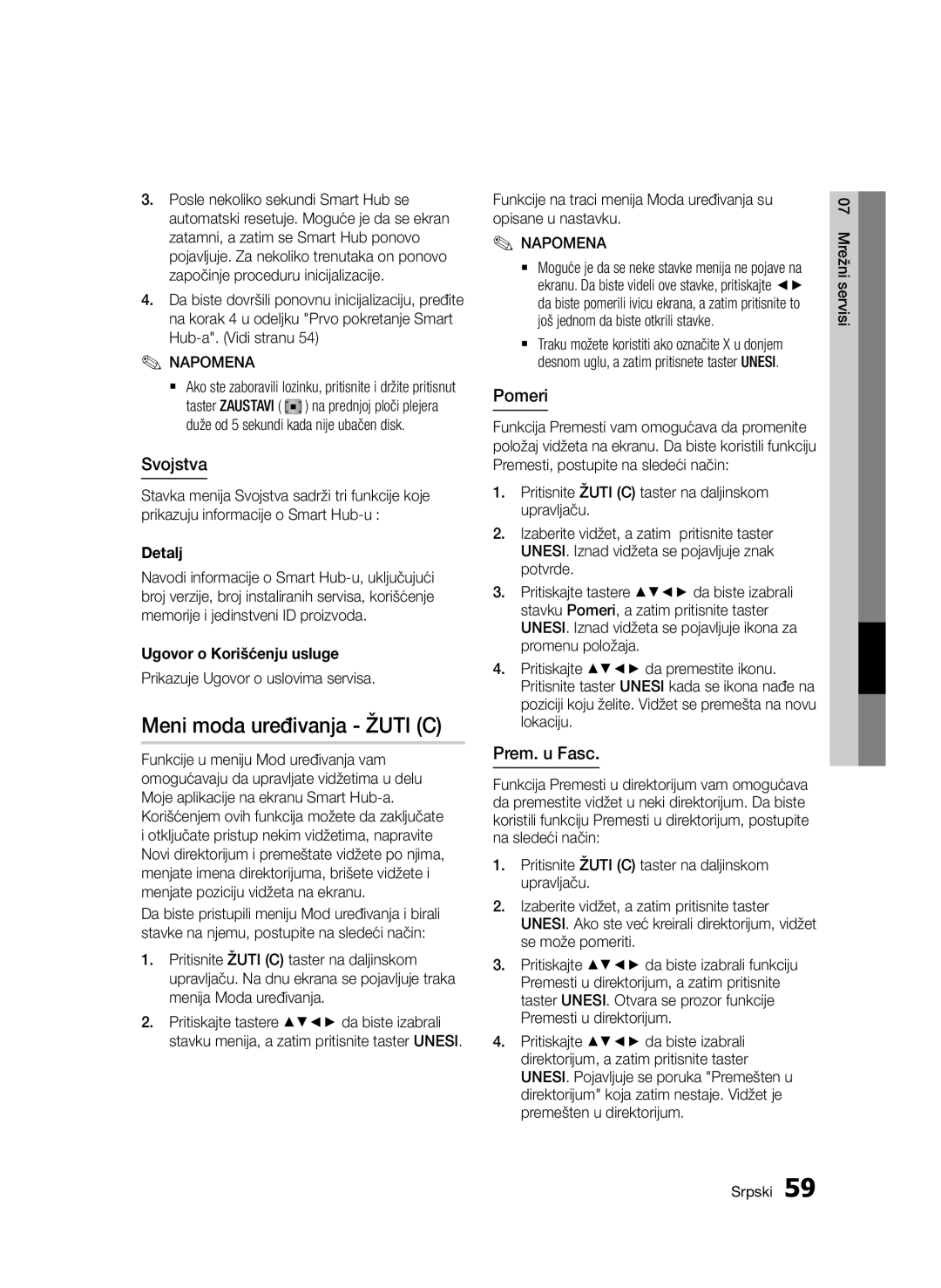 Samsung BD-D7000/EN manual Meni moda uređivanja Žuti C, Svojstva, Pomeri, Prem. u Fasc 