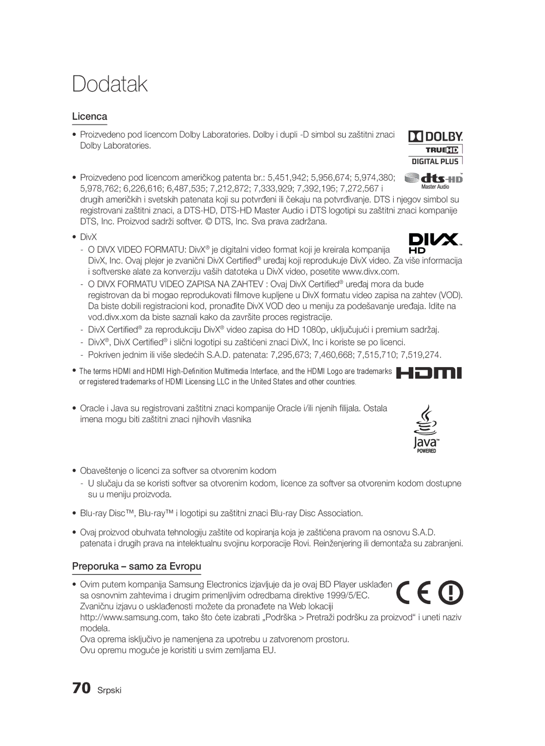 Samsung BD-D7000/EN manual Licenca, Preporuka samo za Evropu 