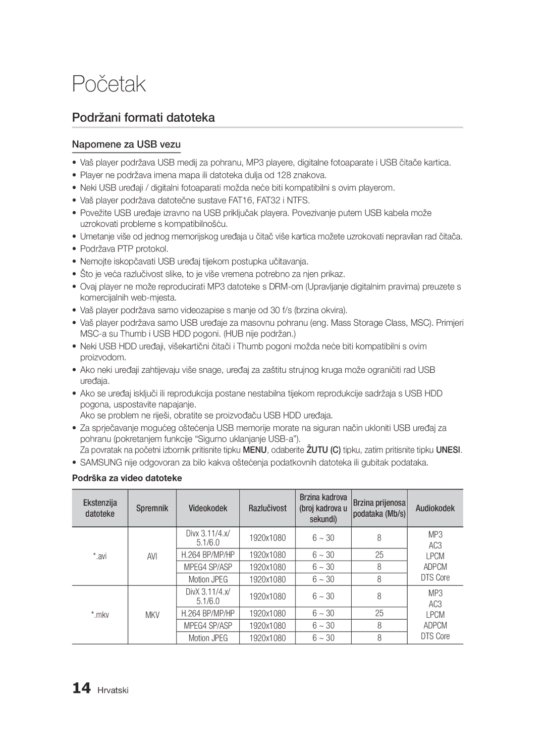 Samsung BD-D7000/EN manual Napomene za USB vezu, Podrška za video datoteke, 1920x1080 DTS Core 