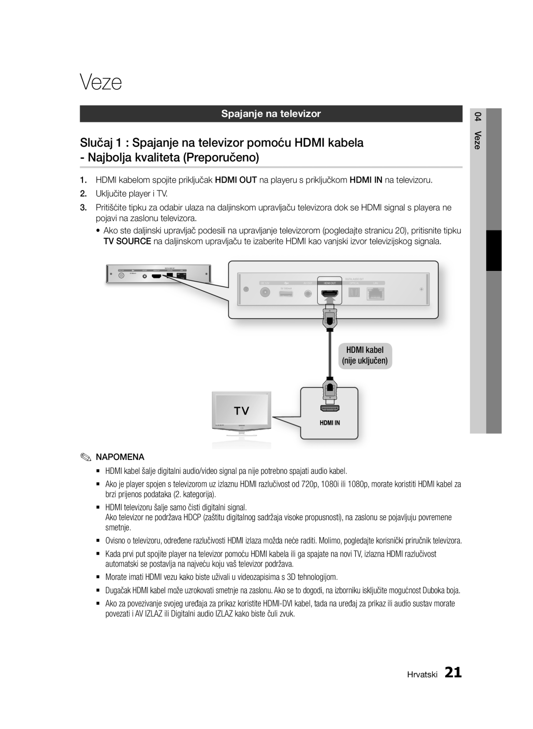 Samsung BD-D7000/EN manual Veze, Spajanje na televizor, Hdmi kabel Nije uključen 