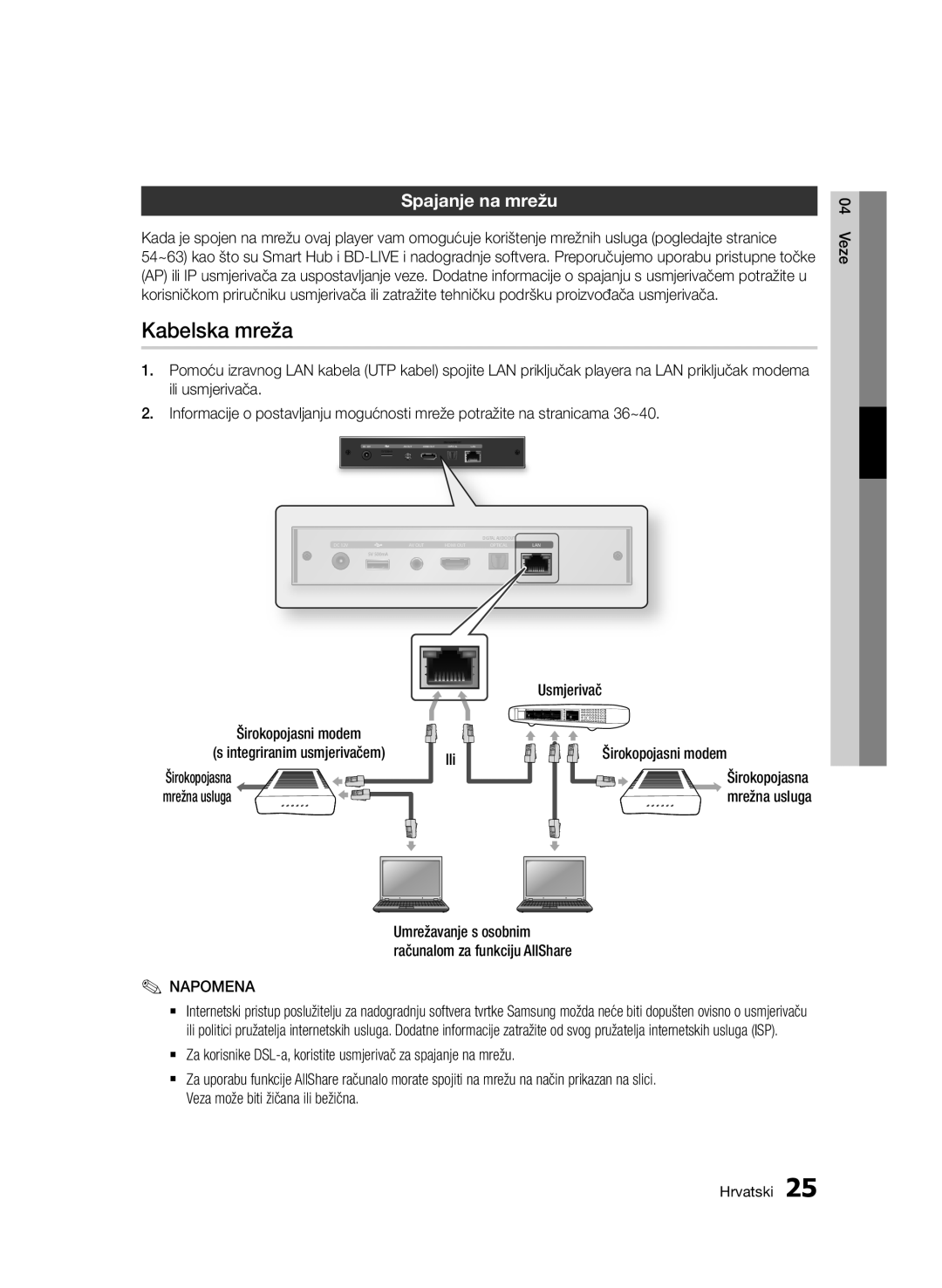 Samsung BD-D7000/EN manual Kabelska mreža, Spajanje na mrežu, Širokopojasni modem Ili Integriranim usmjerivačem 