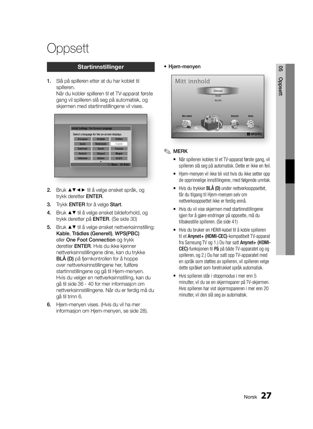 Samsung BD-D7000/XE manual Oppsett, Startinnstillinger 