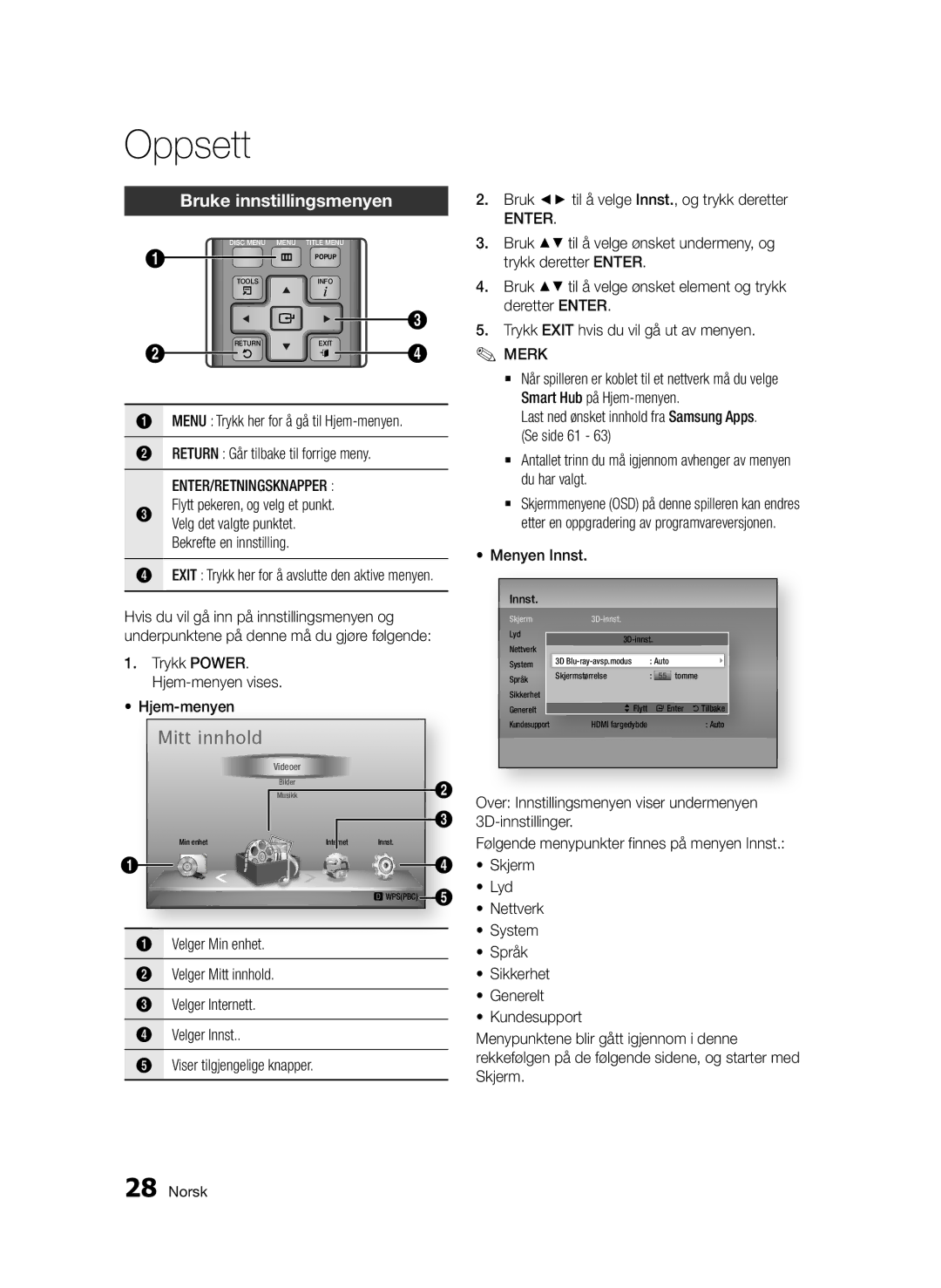 Samsung BD-D7000/XE manual Bruke innstillingsmenyen, Menyen Innst 