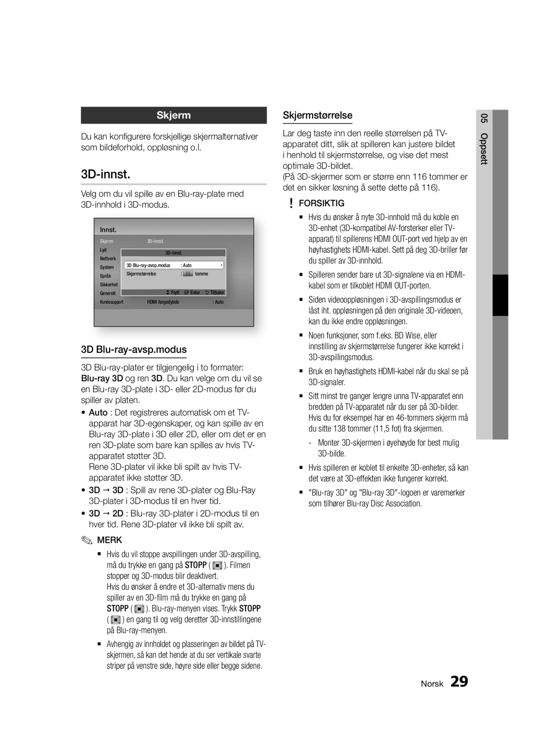 Samsung BD-D7000/XE manual 3D-innst, 3D Blu-ray-avsp.modus, Skjermstørrelse 