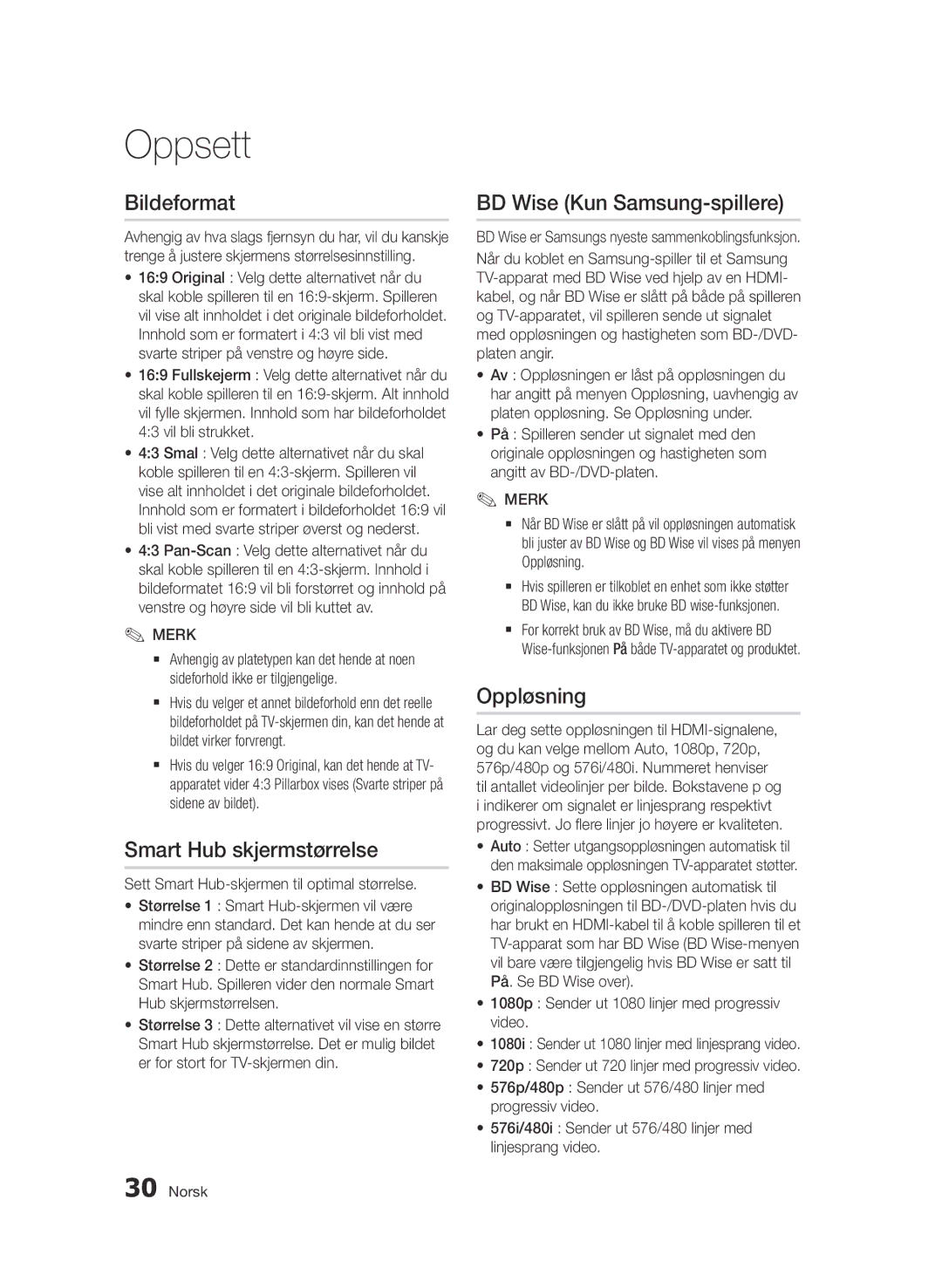 Samsung BD-D7000/XE manual Bildeformat, Smart Hub skjermstørrelse, BD Wise Kun Samsung-spillere, Oppløsning 