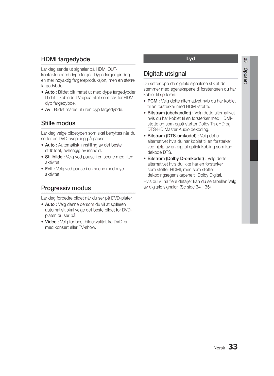 Samsung BD-D7000/XE manual Hdmi fargedybde, Stille modus, Progressiv modus, Digitalt utsignal, Lyd 