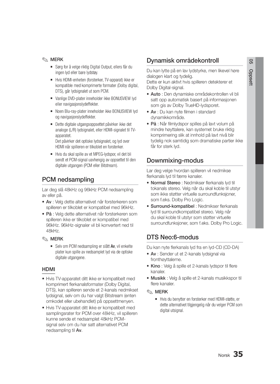 Samsung BD-D7000/XE manual PCM nedsampling, Dynamisk områdekontroll, Downmixing-modus, DTS Neo6-modus 