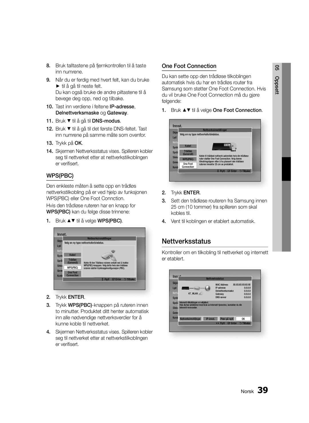 Samsung BD-D7000/XE manual Nettverksstatus, Bruk til å velge Wpspbc, Trykk Enter 