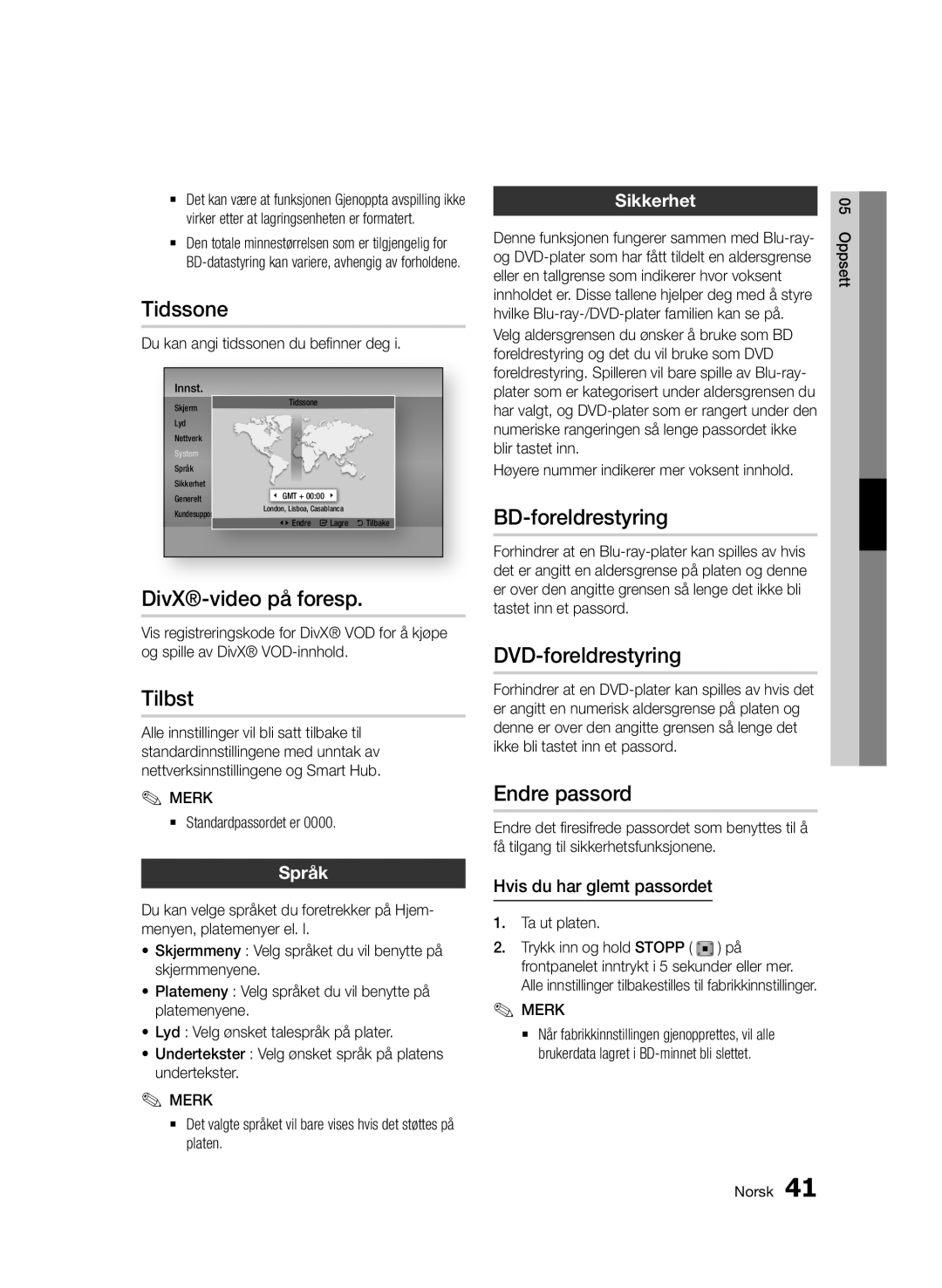 Samsung BD-D7000/XE manual Tidssone, DivX-video på foresp, Tilbst, BD-foreldrestyring, DVD-foreldrestyring, Endre passord 