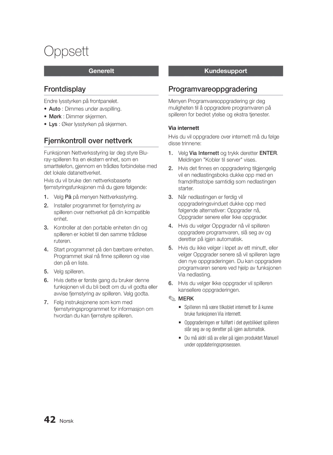 Samsung BD-D7000/XE manual Frontdisplay, Fjernkontroll over nettverk, Programvareoppgradering, Generelt, Kundesupport 