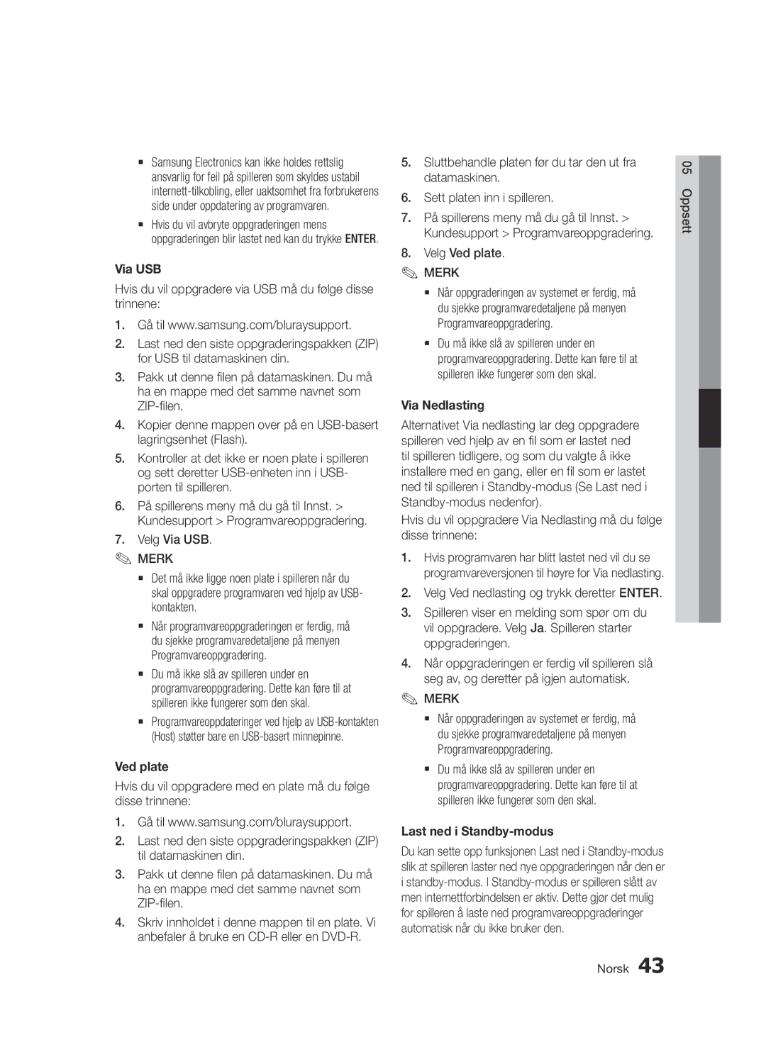 Samsung BD-D7000/XE manual Velg Via USB, Velg Ved plate, Via Nedlasting, Last ned i Standby-modus 