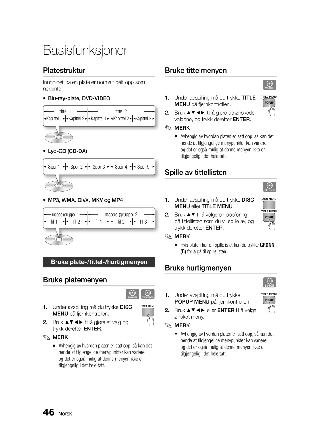 Samsung BD-D7000/XE manual Platestruktur, Bruke platemenyen, Bruke tittelmenyen, Spille av tittellisten, Bruke hurtigmenyen 