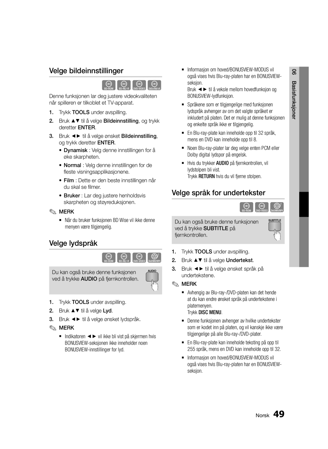 Samsung BD-D7000/XE manual Velge bildeinnstillinger, Velge lydspråk, Velge språk for undertekster, Trykk Disc Menu 