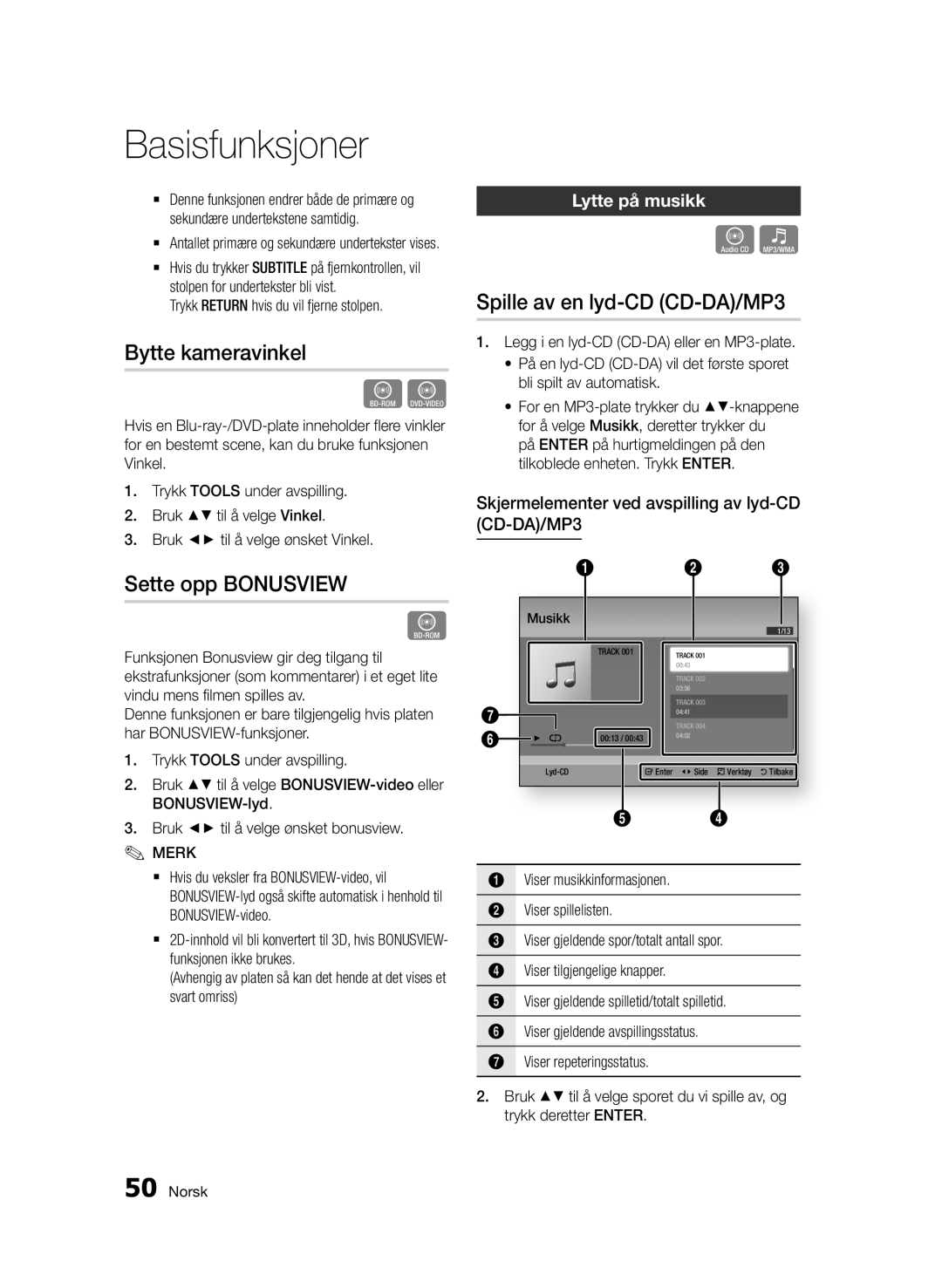 Samsung BD-D7000/XE manual Bytte kameravinkel, Sette opp Bonusview, Spille av en lyd-CD CD-DA/MP3, Lytte på musikk 