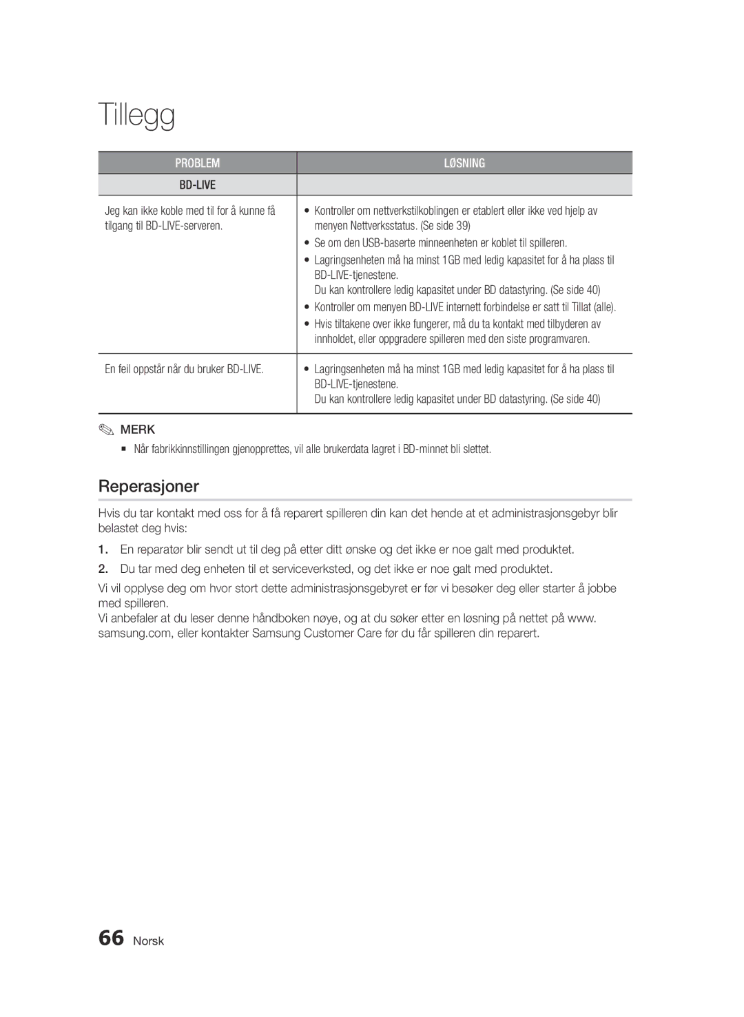 Samsung BD-D7000/XE manual Reperasjoner, BD-LIVE-tjenestene, Se om den USB-baserte minneenheten er koblet til spilleren 