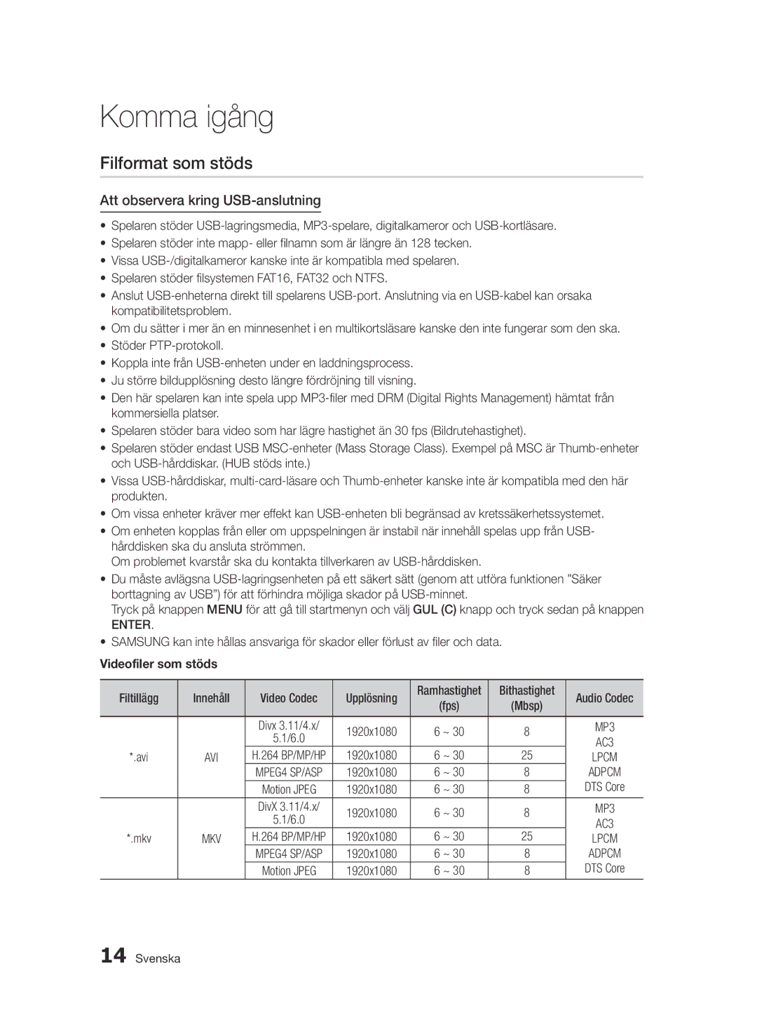 Samsung BD-D7000/XE manual Filformat som stöds, Att observera kring USB-anslutning, Videofiler som stöds 