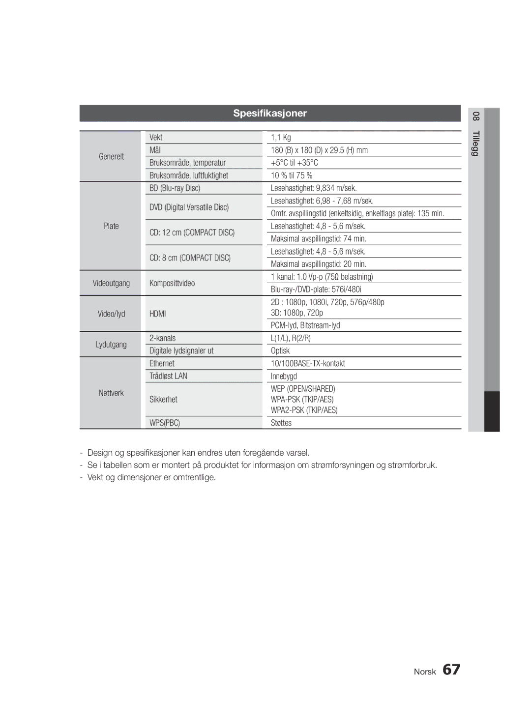 Samsung BD-D7000/XE manual Spesifikasjoner 