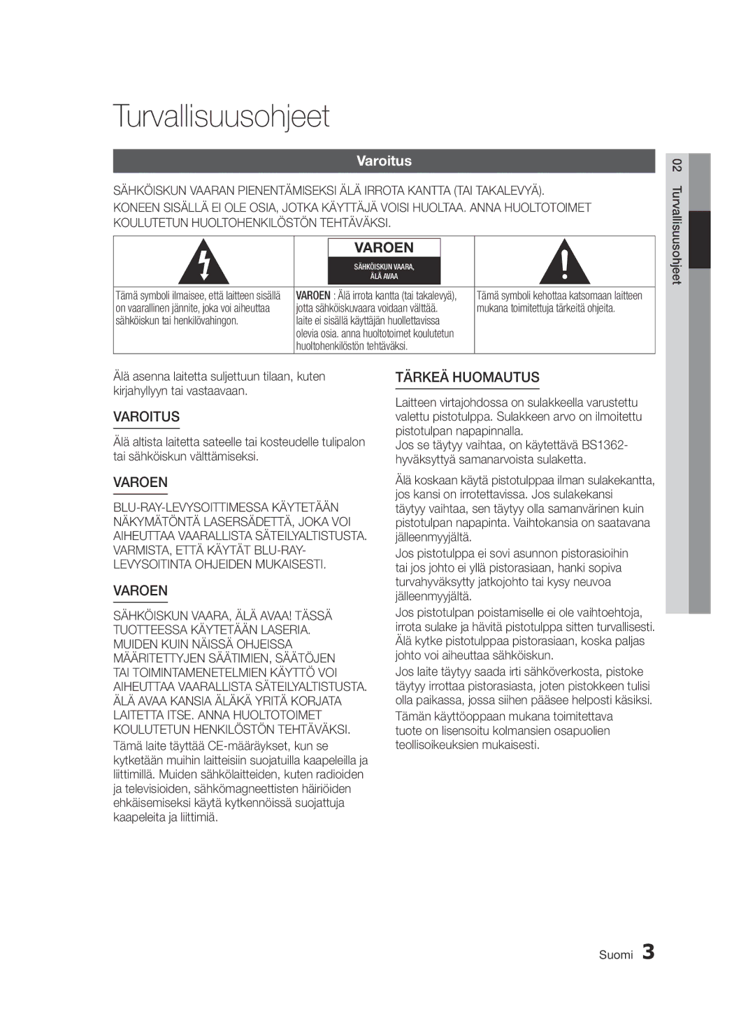 Samsung BD-D7000/XE manual Turvallisuusohjeet, Varoitus, Mukana toimitettuja tärkeitä ohjeita 