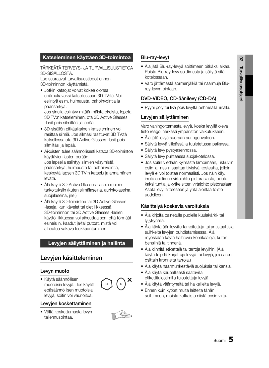 Samsung BD-D7000/XE manual Levyjen käsitteleminen, Katseleminen käyttäen 3D-toimintoa, Levyjen säilyttäminen ja hallinta 