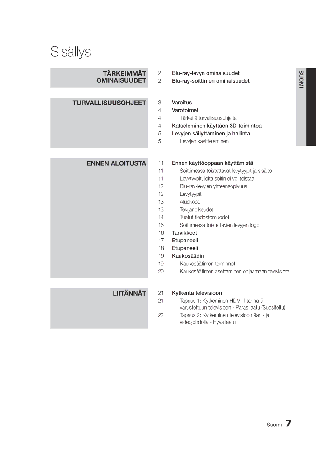 Samsung BD-D7000/XE manual Sisällys 