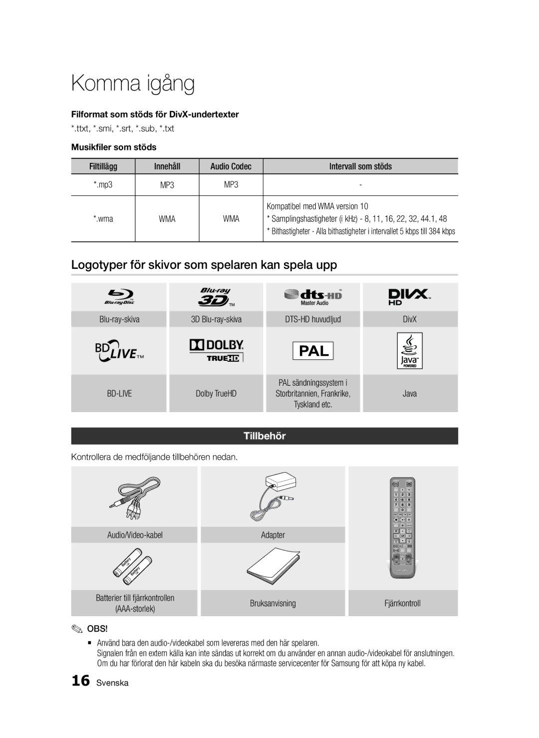 Samsung BD-D7000/XE Logotyper för skivor som spelaren kan spela upp, Tillbehör, Filformat som stöds för DivX-undertexter 